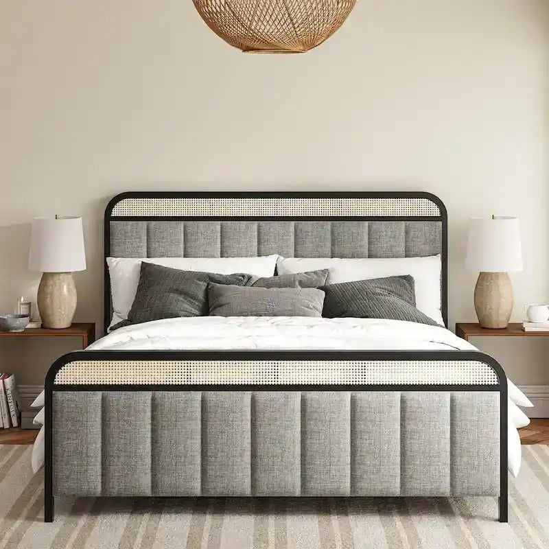 Alphons Modern Solid Wood Frame Ratten Bed with LED Headboard by