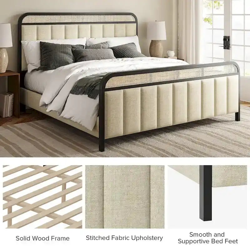 Alphons Modern Solid Wood Frame Ratten Bed with LED Headboard by