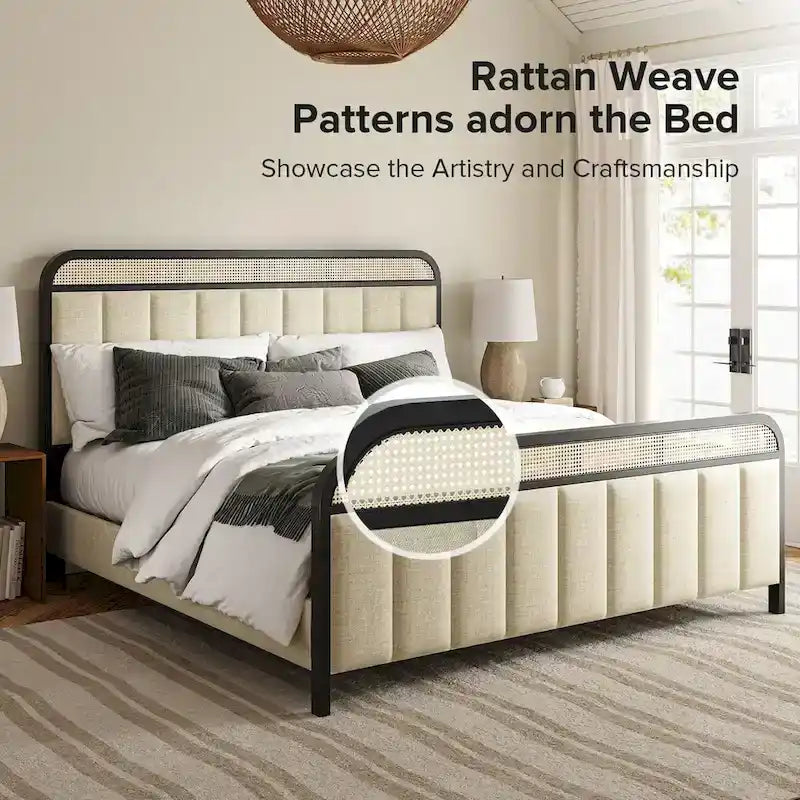 Alphons Modern Solid Wood Frame Ratten Bed with LED Headboard by