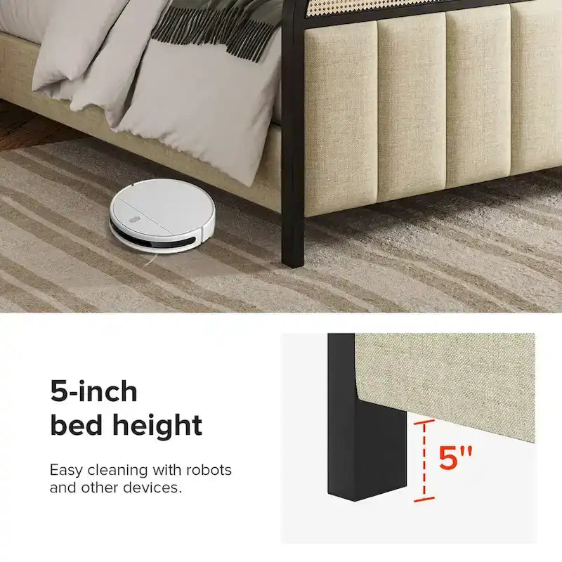 Alphons Modern Solid Wood Frame Ratten Bed with LED Headboard by