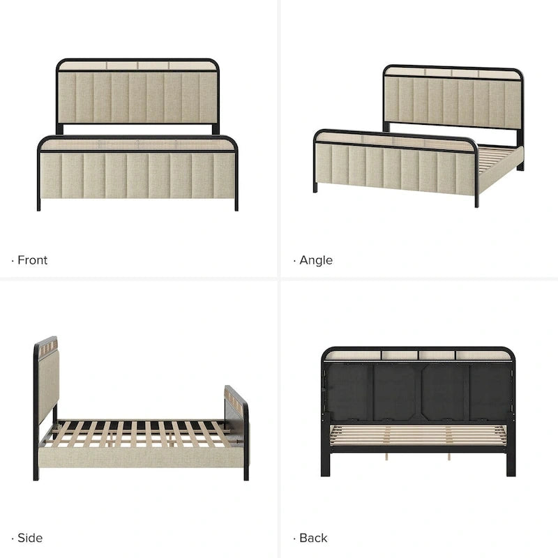 Alphons Modern Solid Wood Frame Ratten Bed with LED Headboard by