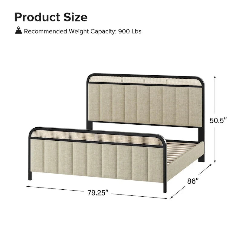Alphons Modern Solid Wood Frame Ratten Bed with LED Headboard by
