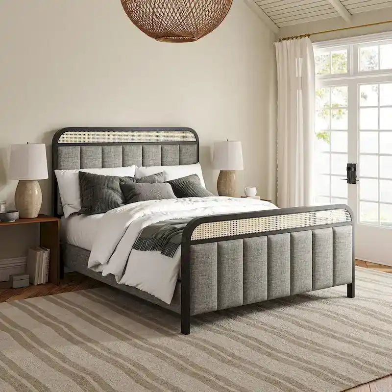Alphons Modern Solid Wood Frame Ratten Bed with LED Headboard by