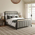 Alphons Modern Solid Wood Frame Ratten Bed with LED Headboard by