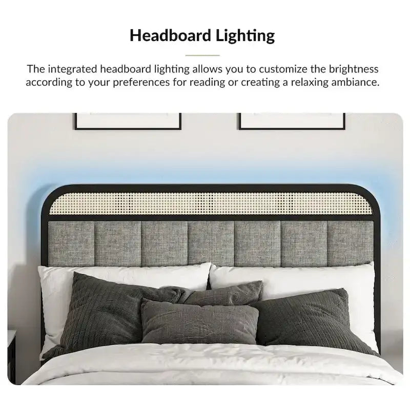 Alphons Modern Solid Wood Frame Ratten Bed with LED Headboard by