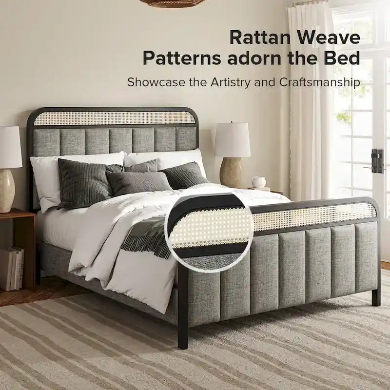 Alphons Modern Solid Wood Frame Ratten Bed with LED Headboard by