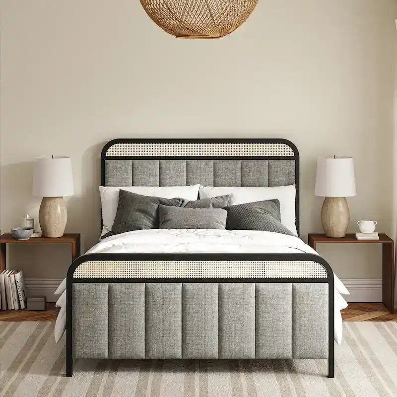 Alphons Modern Solid Wood Frame Ratten Bed with LED Headboard by