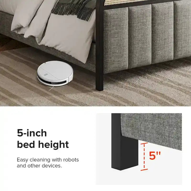 Alphons Modern Solid Wood Frame Ratten Bed with LED Headboard by
