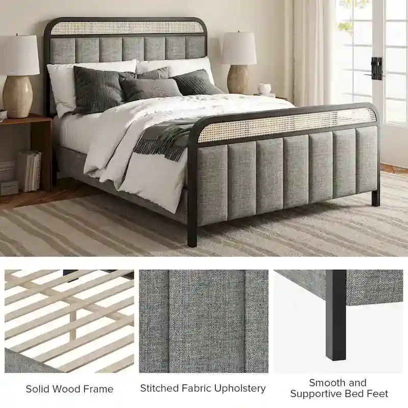Alphons Modern Solid Wood Frame Ratten Bed with LED Headboard by