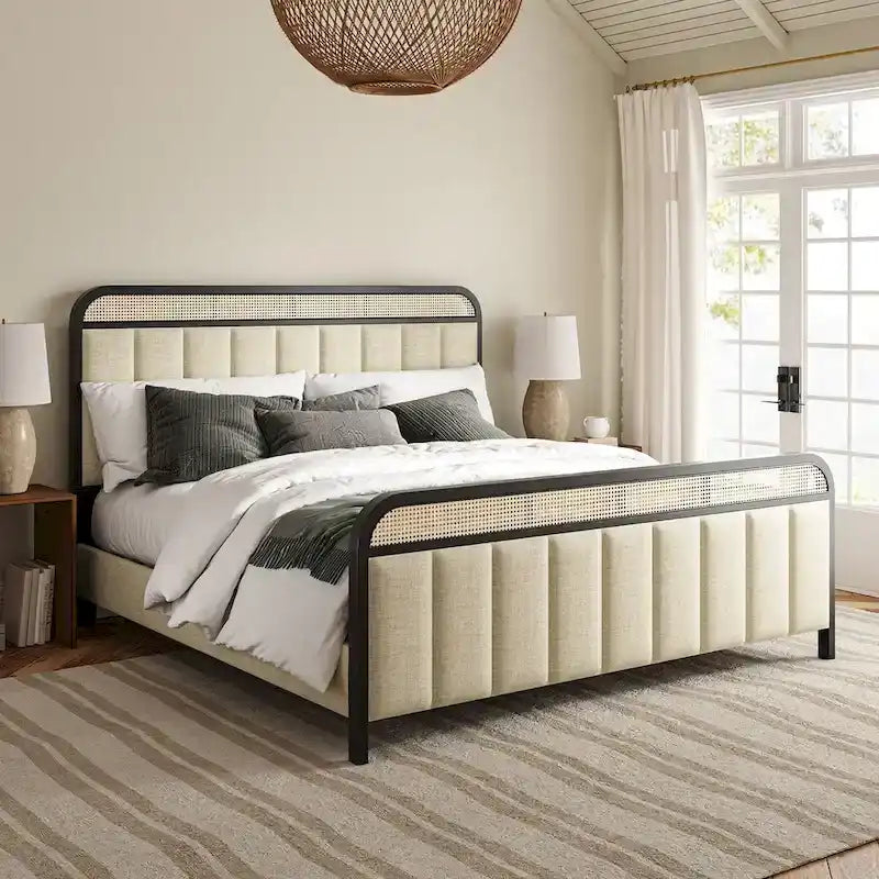 Alphons Modern Solid Wood Frame Ratten Bed with LED Headboard by