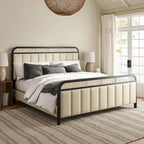Alphons Modern Solid Wood Frame Ratten Bed with LED Headboard by