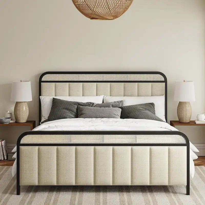 Alphons Modern Solid Wood Frame Ratten Bed with LED Headboard by