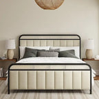 Alphons Modern Solid Wood Frame Ratten Bed with LED Headboard by