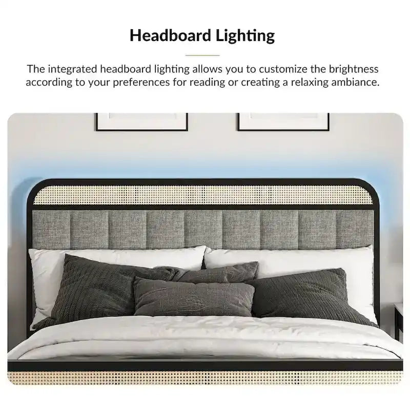 Alphons Modern Solid Wood Frame Ratten Bed with LED Headboard by