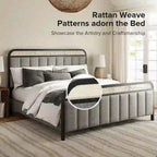 Alphons Modern Solid Wood Frame Ratten Bed with LED Headboard by