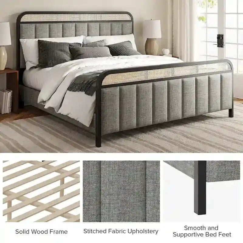Alphons Modern Solid Wood Frame Ratten Bed with LED Headboard by