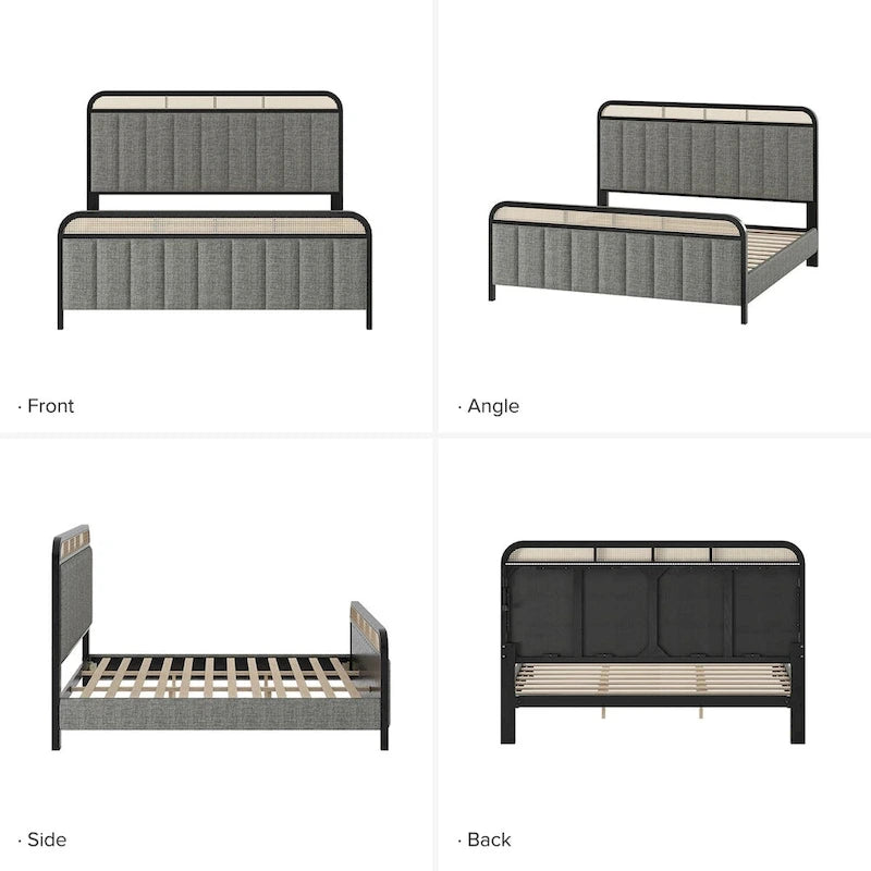 Alphons Modern Solid Wood Frame Ratten Bed with LED Headboard by