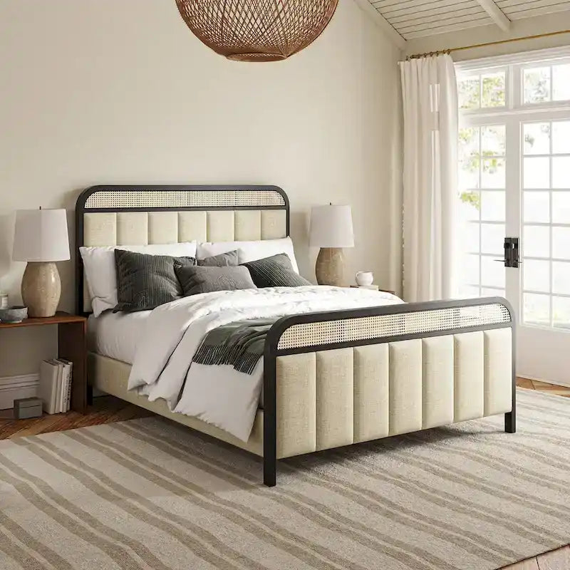 Alphons Modern Solid Wood Frame Ratten Bed with LED Headboard by