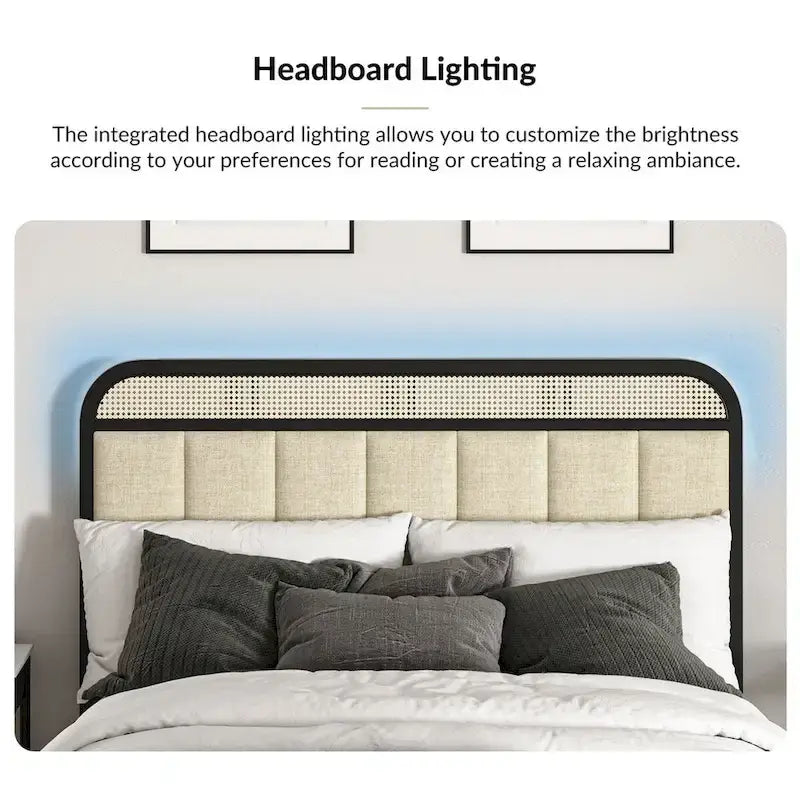 Alphons Modern Solid Wood Frame Ratten Bed with LED Headboard by