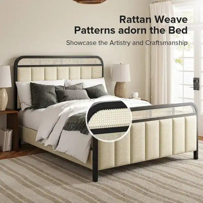 Alphons Modern Solid Wood Frame Ratten Bed with LED Headboard by