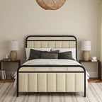 Alphons Modern Solid Wood Frame Ratten Bed with LED Headboard by