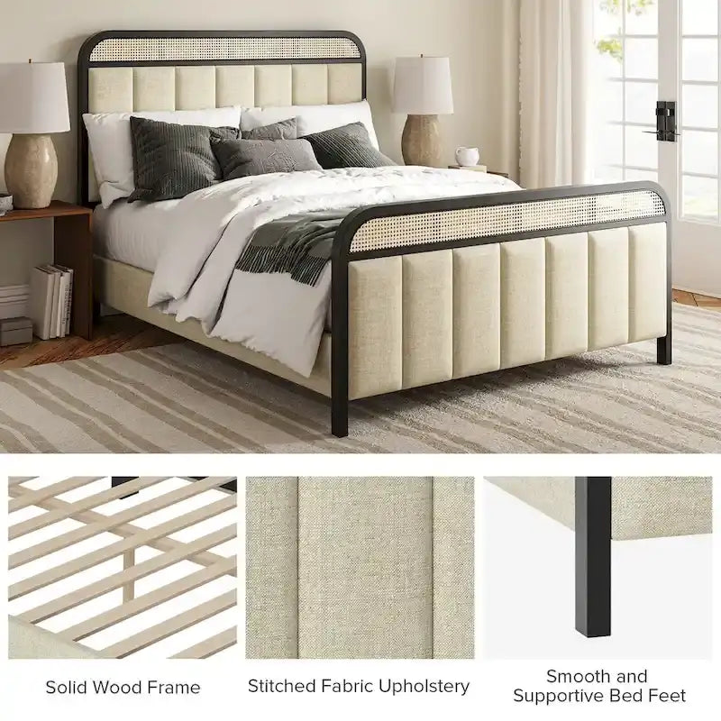 Alphons Modern Solid Wood Frame Ratten Bed with LED Headboard by