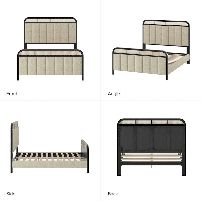 Alphons Modern Solid Wood Frame Ratten Bed with LED Headboard by