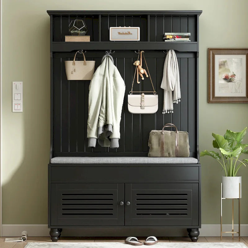 5-in-1 Entryway Bench with Shutter-shaped doors, Coat Rack, Cushion and 4 Sturdy Hooks, 47.2 Wide Hall Tree with Storage Bench