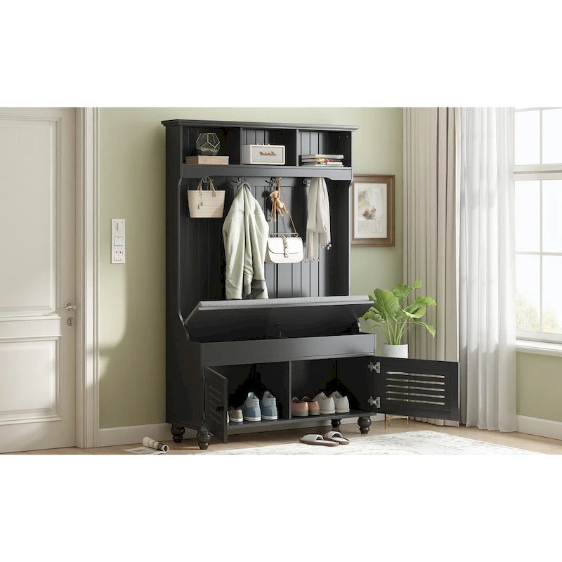 5-in-1 Entryway Bench with Shutter-shaped doors, Coat Rack, Cushion and 4 Sturdy Hooks, 47.2 Wide Hall Tree with Storage Bench