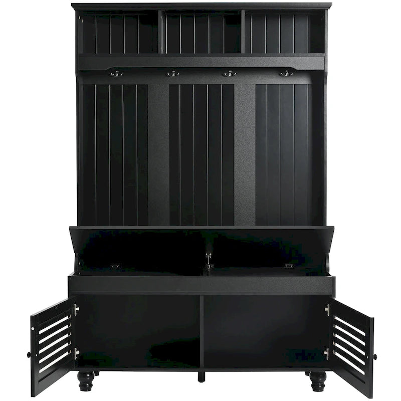 5-in-1 Entryway Bench with Shutter-shaped doors, Coat Rack, Cushion and 4 Sturdy Hooks, 47.2 Wide Hall Tree with Storage Bench