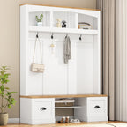 Hall Tree Hallway Storage Bench with Shoe Cubbies and Coat Rack with Hooks