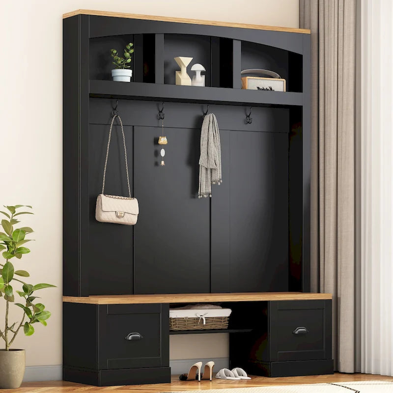 Hall Tree Hallway Storage Bench with Shoe Cubbies and Coat Rack with Hooks