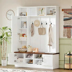 Hall Tree Hallway Storage Bench with Shoe Cubbies and Coat Rack with Hooks
