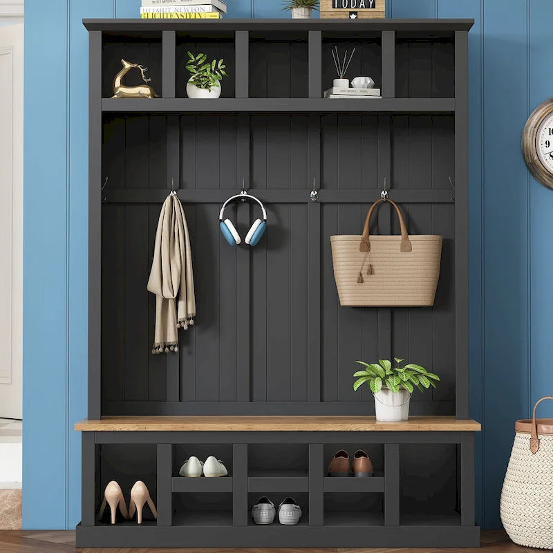 Hall Tree Hallway Storage Bench with Shoe Cubbies and Coat Rack with Hooks