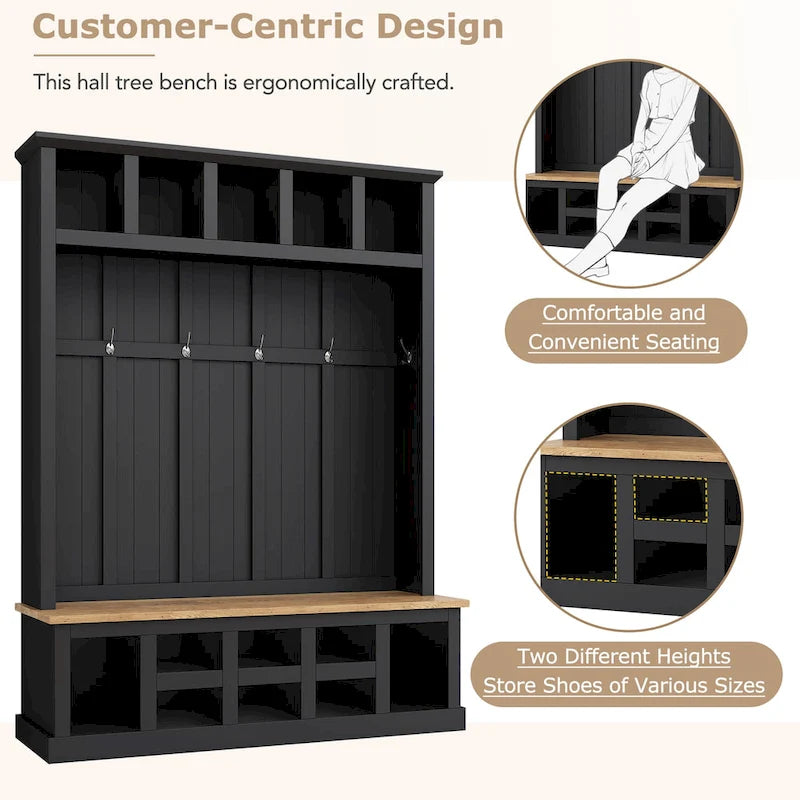 Hall Tree Hallway Storage Bench with Shoe Cubbies and Coat Rack with Hooks