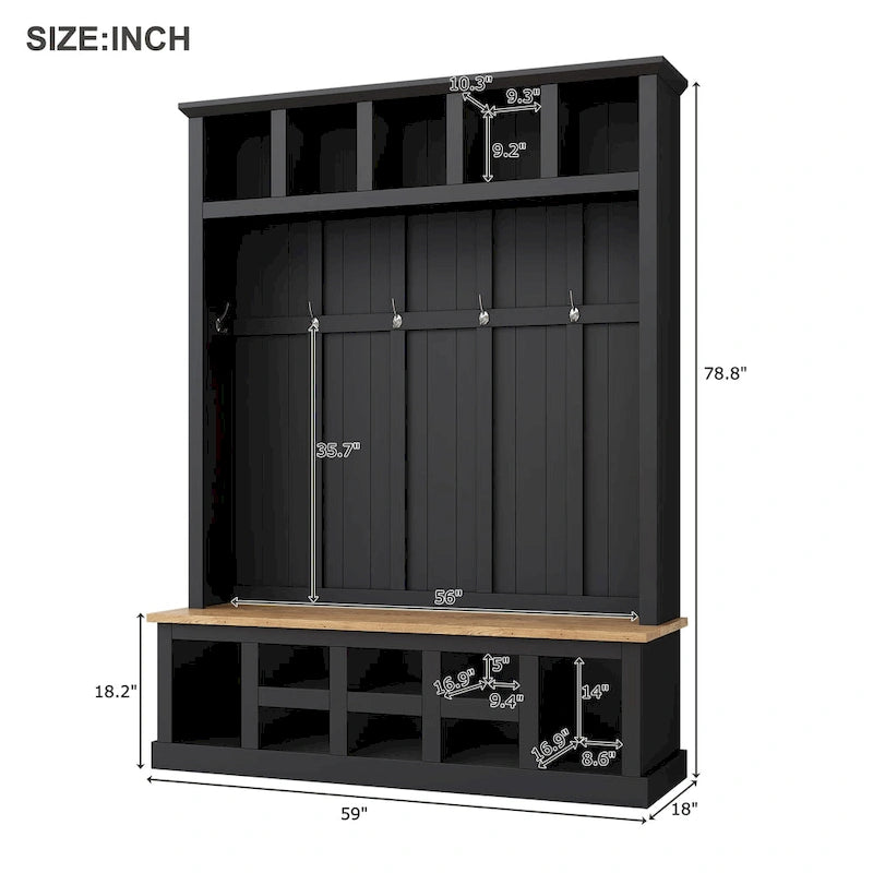 Hall Tree Hallway Storage Bench with Shoe Cubbies and Coat Rack with Hooks