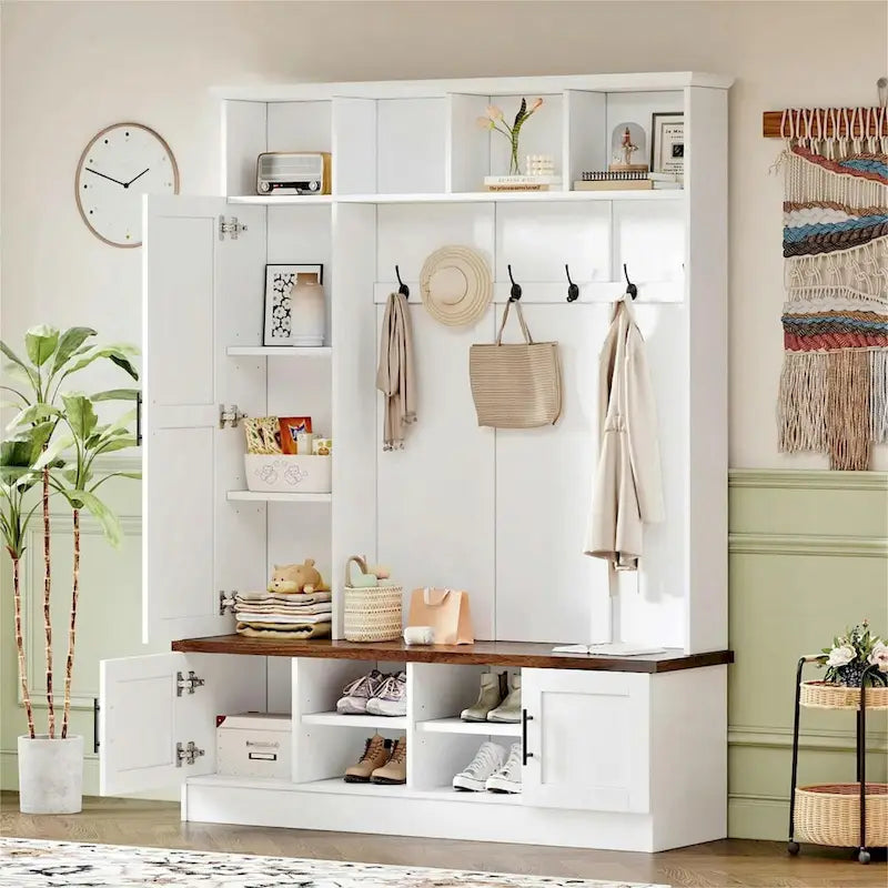 Hall Tree Hallway Storage Bench with Shoe Cubbies and Coat Rack with Hooks