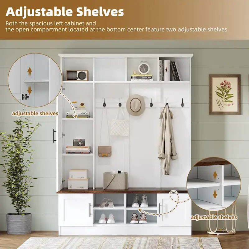 Hall Tree Hallway Storage Bench with Shoe Cubbies and Coat Rack with Hooks