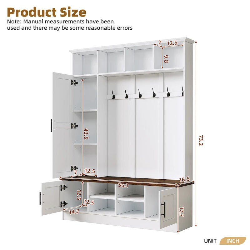 Hall Tree Hallway Storage Bench with Shoe Cubbies and Coat Rack with Hooks