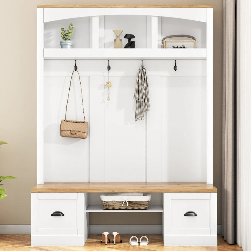 Hall Tree Hallway Storage Bench with Shoe Cubbies and Coat Rack with Hooks