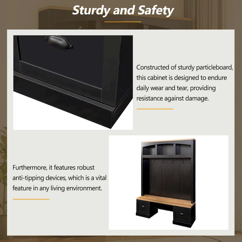Hall Tree Hallway Storage Bench with Shoe Cubbies and Coat Rack with Hooks