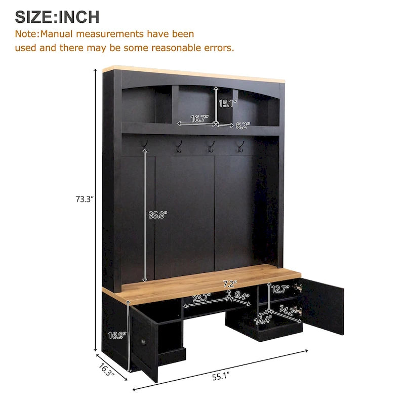 Hall Tree Hallway Storage Bench with Shoe Cubbies and Coat Rack with Hooks