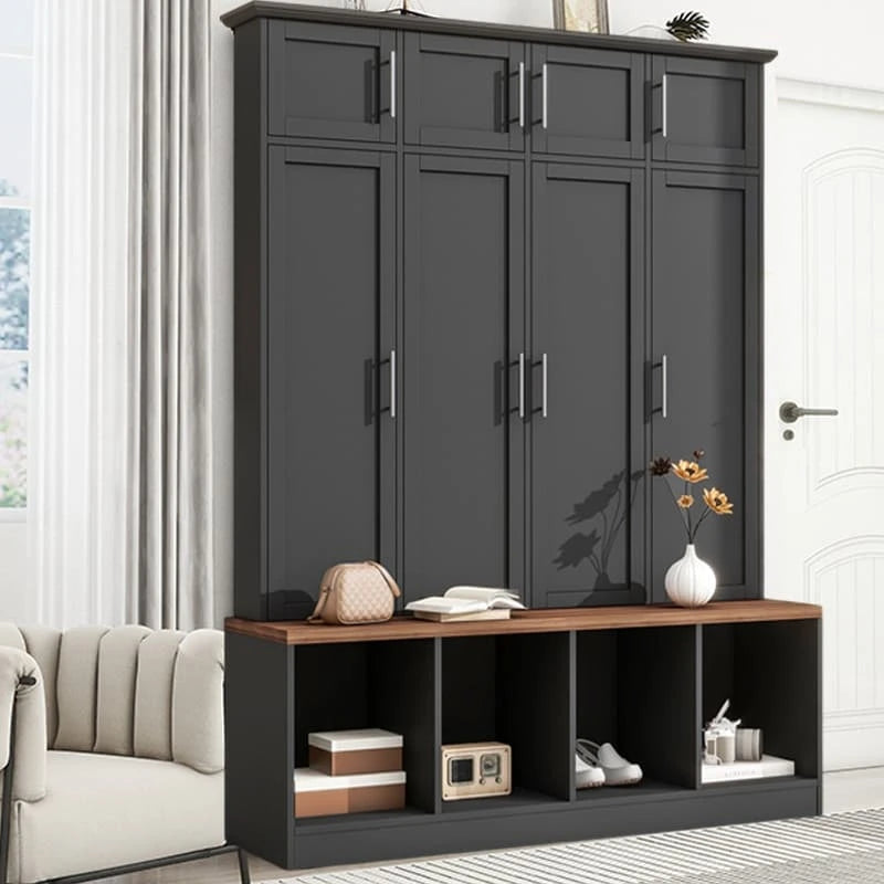 Hall Tree Hallway Storage Bench with Shoe Cubbies and Coat Rack with Hooks