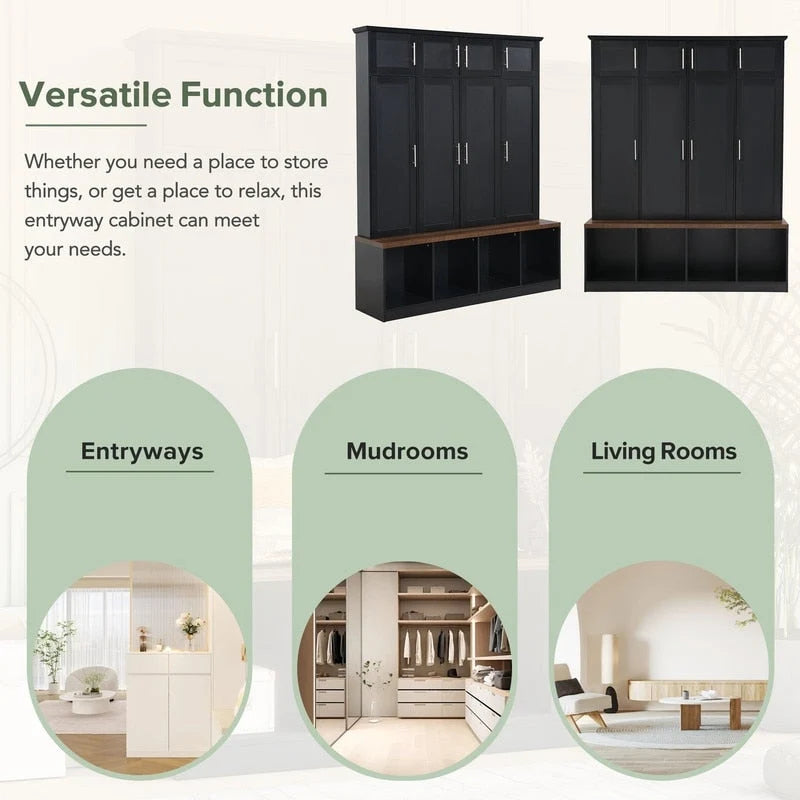 Hall Tree Hallway Storage Bench with Shoe Cubbies and Coat Rack with Hooks