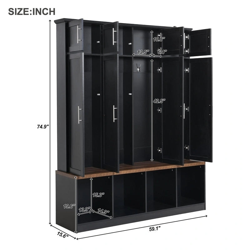 Hall Tree Hallway Storage Bench with Shoe Cubbies and Coat Rack with Hooks