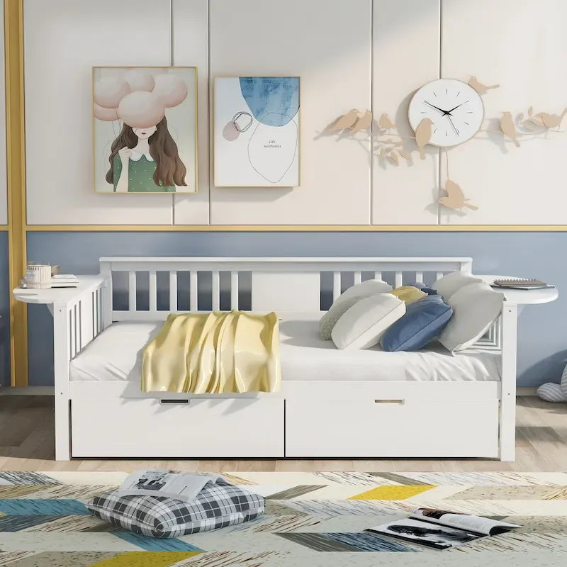 Full-size Daybed Sofa Bed with Two Drawers, Handrails, and Wood Slat Support