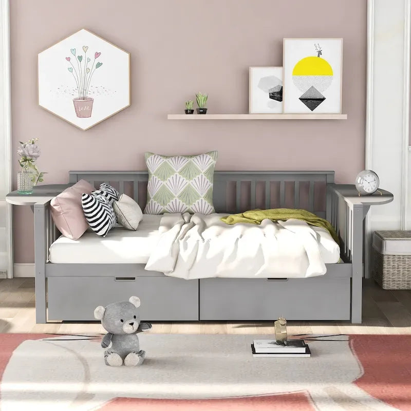 Full-size Daybed Sofa Bed with Two Drawers, Handrails, and Wood Slat Support
