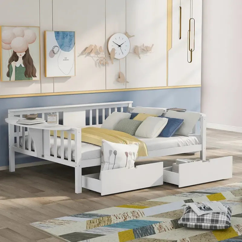 Full-size Daybed Sofa Bed with Two Drawers, Handrails, and Wood Slat Support
