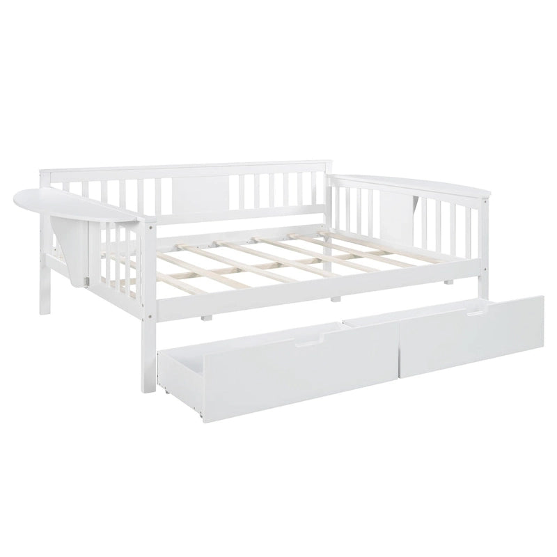 Full-size Daybed Sofa Bed with Two Drawers, Handrails, and Wood Slat Support