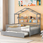 Wooden Full Size House Bed with Trundle - Multiple Storage Racks, Safety Barriers
